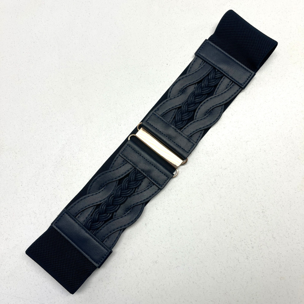 Women's Black Stretchy Belt Waist Braided Design Navy
